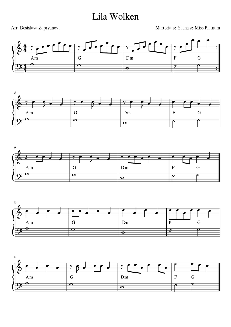 Lila Wolken Easy Piano scores gallery preview page 1