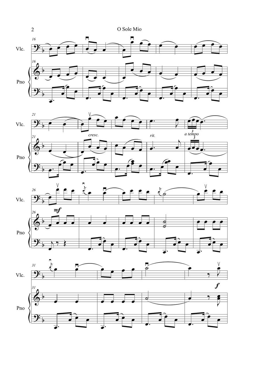 Di Capua-O Sole Mio for cello & piano Piano scores gallery preview page 2