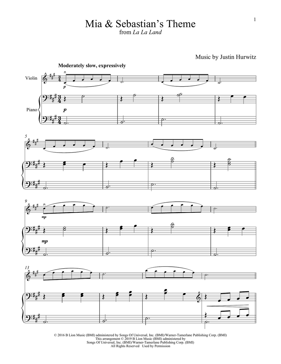 Mia & Sebastian's Theme (from La La Land) Violin Solo scores gallery preview page 1