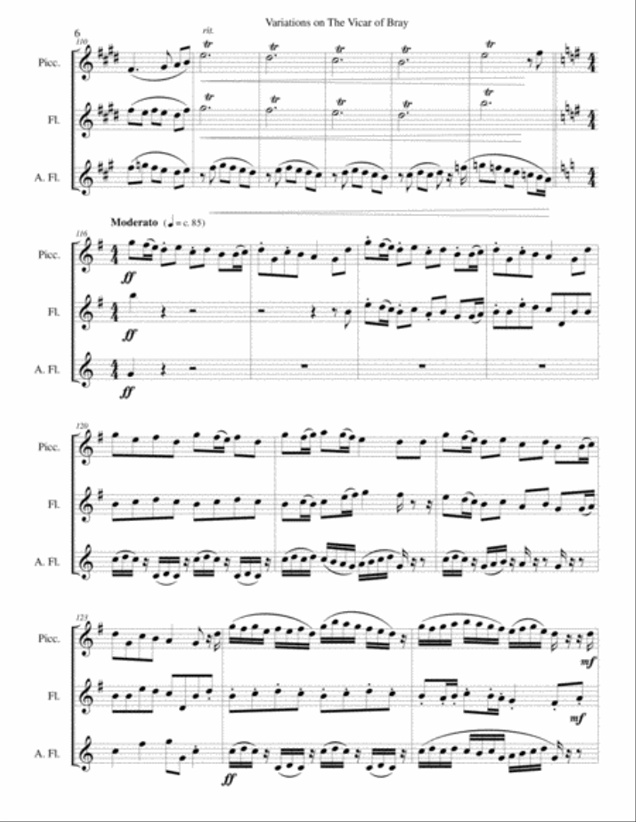 Variations on the Vicar of Bray for flute trio (piccolo, flute and alto flute) Flute Trio scores gallery preview page 6