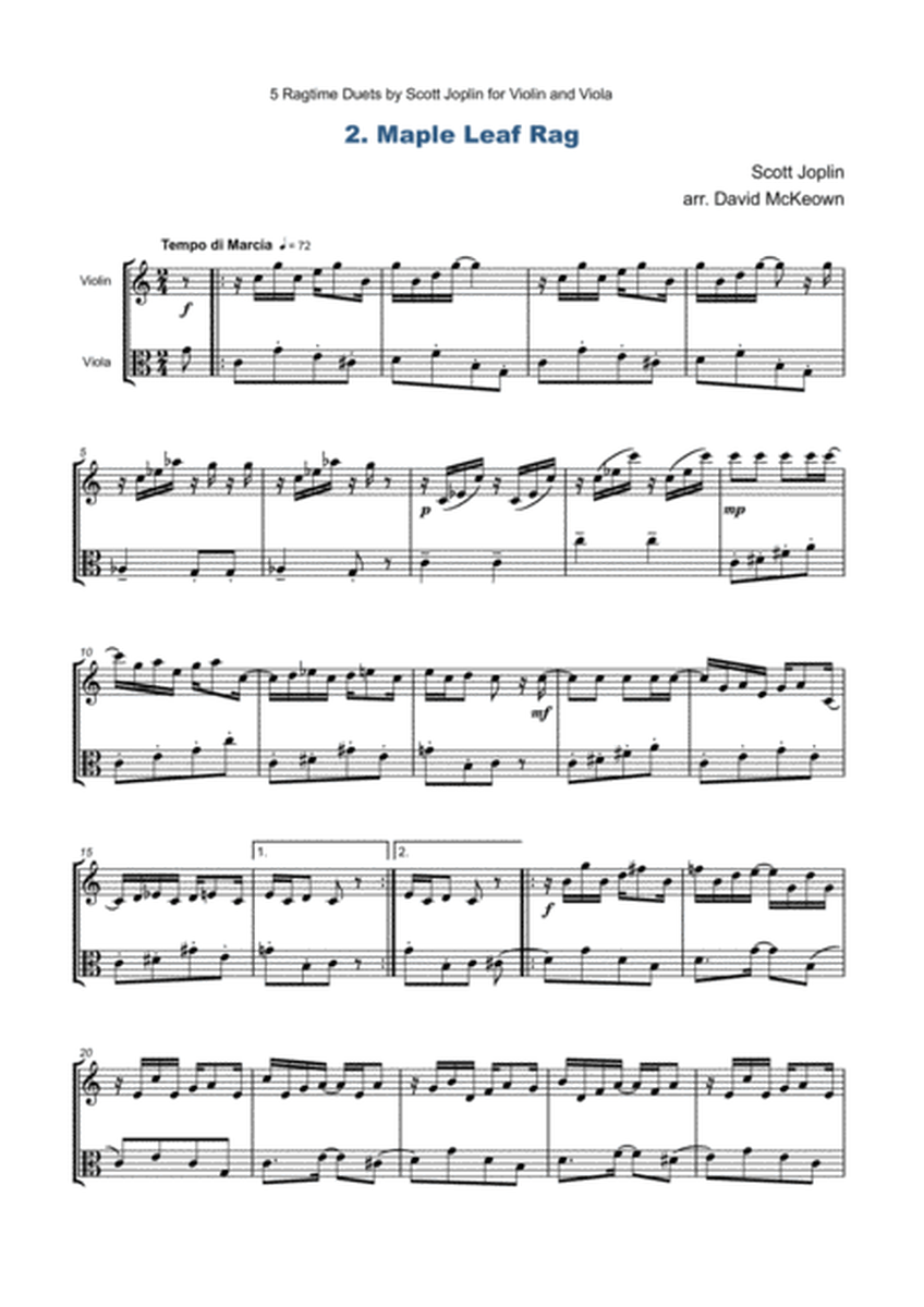 Five Ragtime Duets by Scott Joplin for Violin and Viola