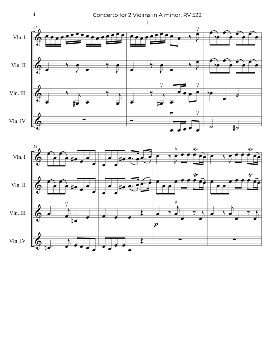 Vivaldi: Concerto for 2 Violins in A minor, Op.3 No.8, RV 522, Arranged for Violin Quartet Chamber Music scores gallery preview page 5