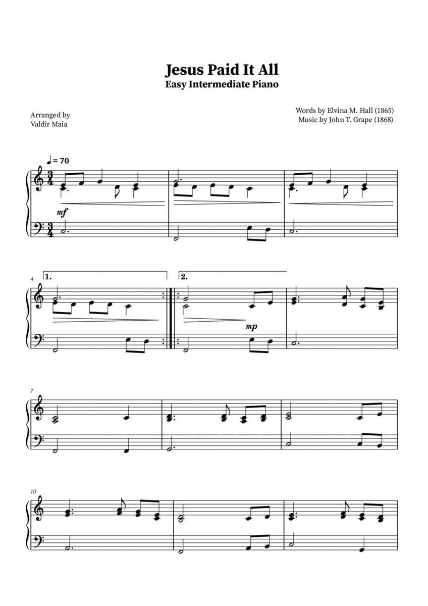 Jesus Paid It All - Easy Intermediate Piano image number null