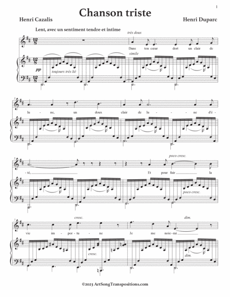 DUPARC: Chanson triste (transposed to D major, C-sharp major, and C major)