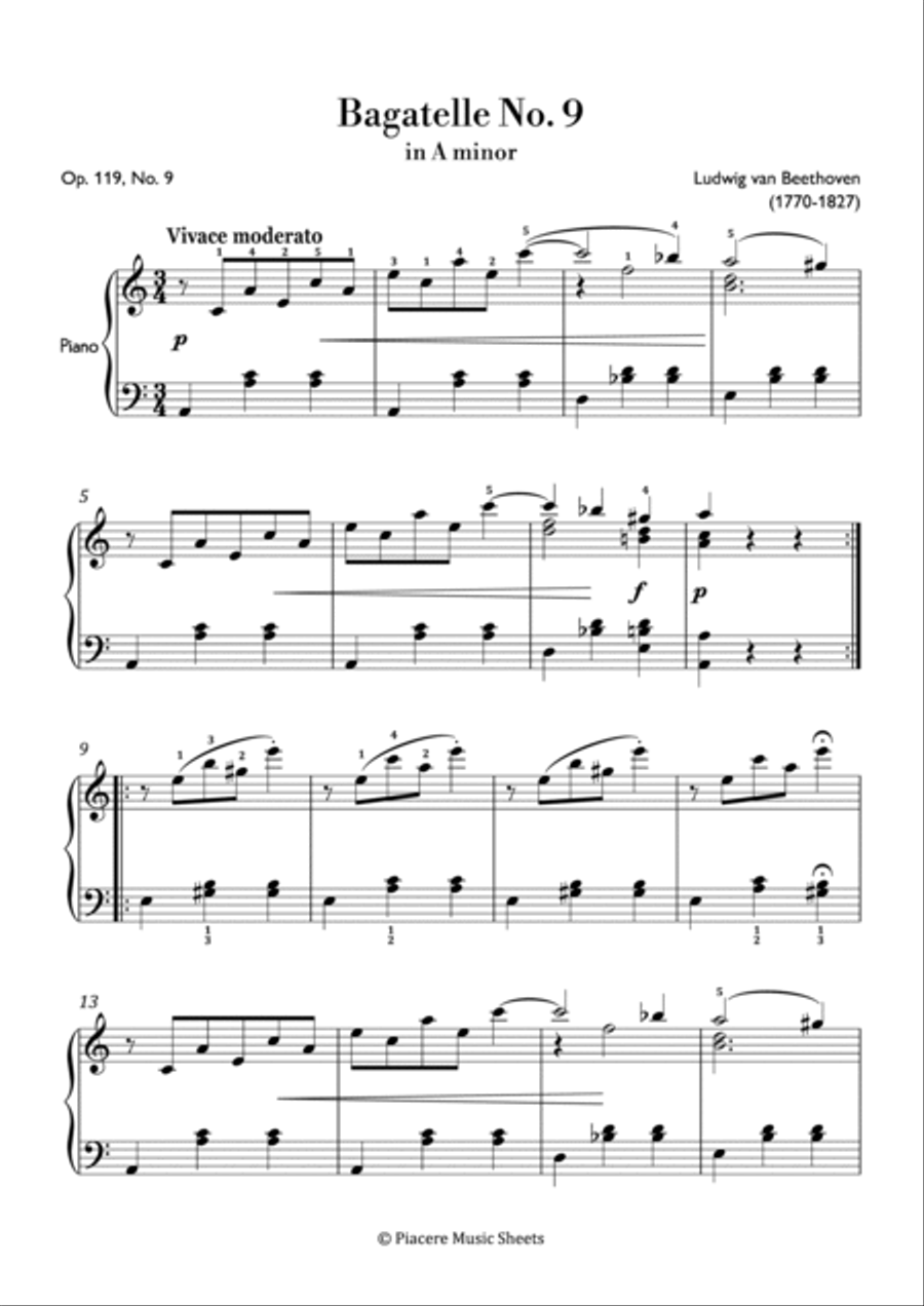 Beethoven - Bagatelle No. 9 in A Minor - Intermediate Piano Method scores gallery preview page 2