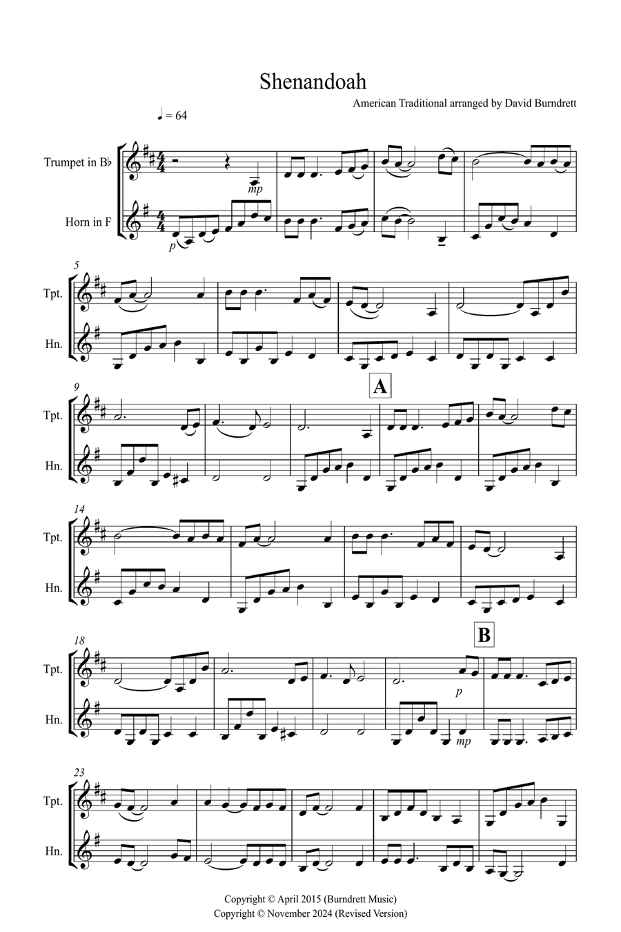 Shenandoah for Trumpet and Horn Duet Brass Duet scores gallery preview page 1