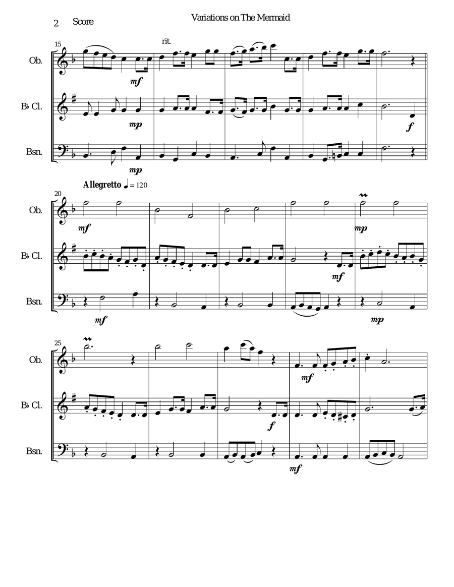 Variations on The Mermaid for wind trio (oboe, clarinet, bassoon) Woodwind Trio scores gallery preview page 2