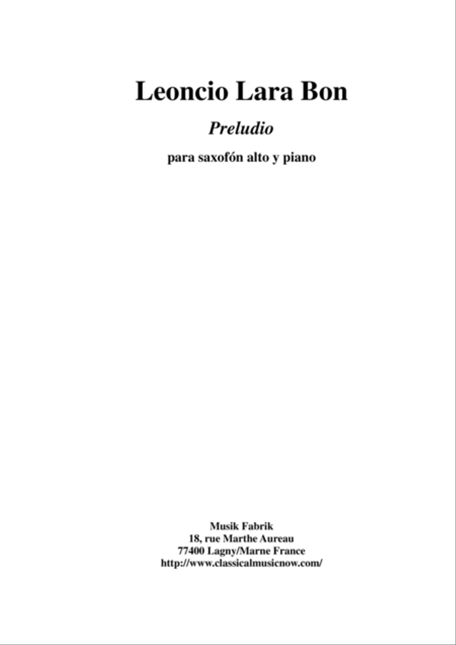 Leoncio Lara Bon - Preludio for alto saxophone and piano Alto Saxophone scores gallery preview page 1
