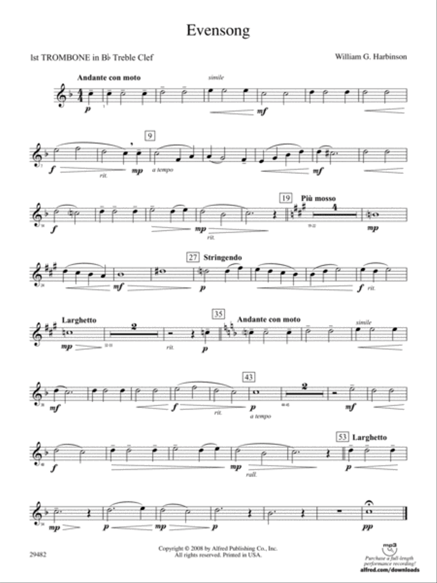 Evensong: (World Part) 1st B-flat Trombone T.C. Concert Band scores gallery preview page 1
