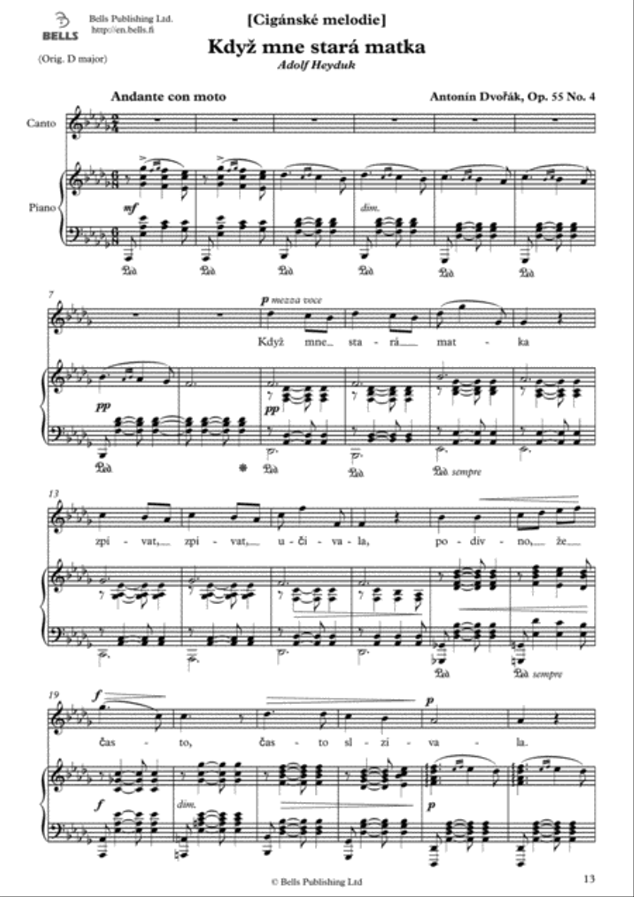 Kdyz mne stara matka, Op. 55 No. 4 (D-flat Major) Voice Solo scores gallery preview page 1