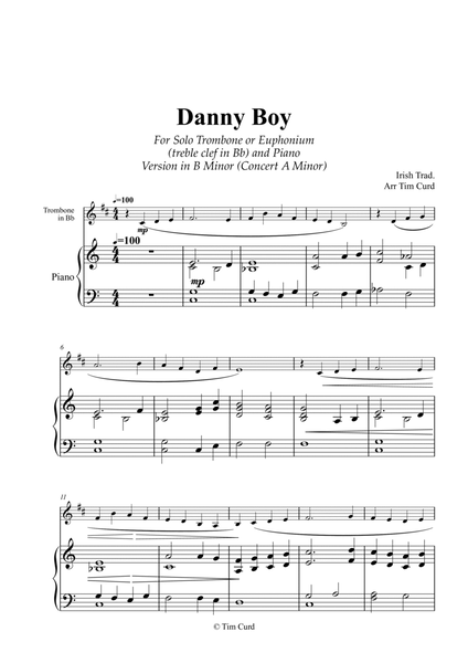 Danny Boy for Solo Trombone/Euphonium in Bb (treble clef) and Piano. Version in B Minor (Concert A M image number null
