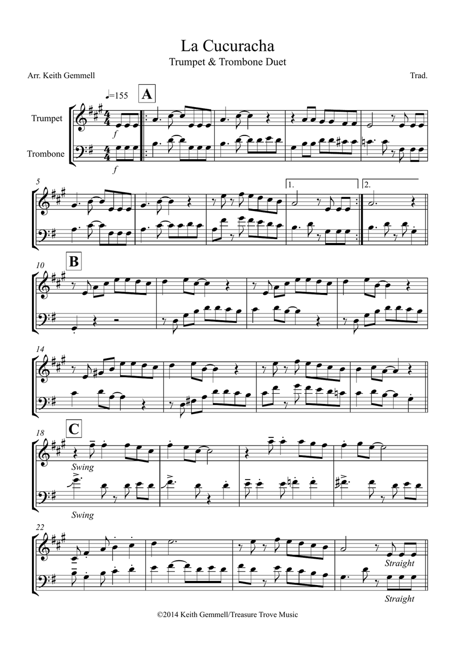 La Cucuracha: Trumpet and Trombone Duet Brass Duet scores gallery preview page 1