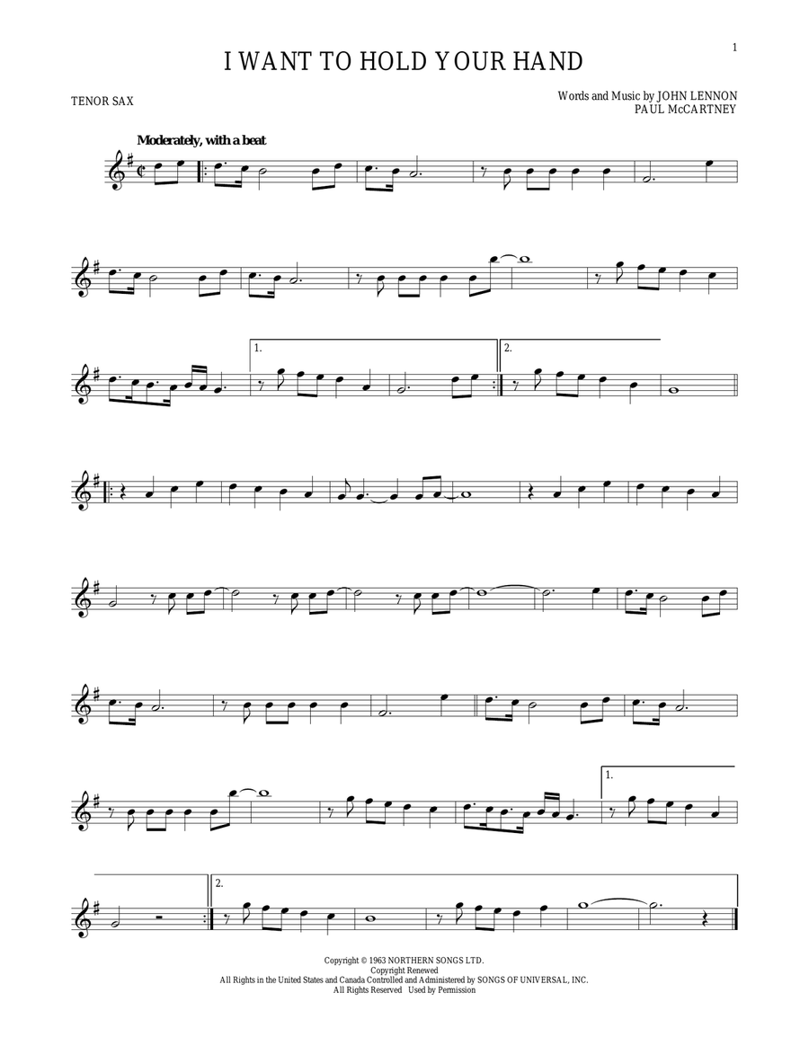 I Want To Hold Your Hand I Want To Hold Your Hand Tenor Saxophone scores gallery preview page 1