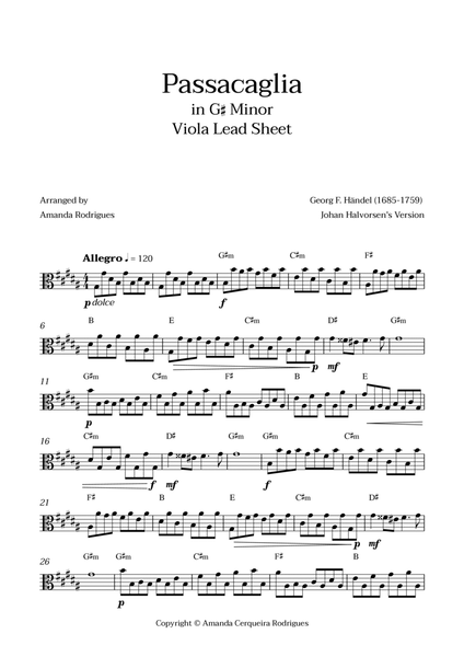 Passacaglia - Easy Viola Lead Sheet in G#m Minor (Johan Halvorsen's Version) image number null
