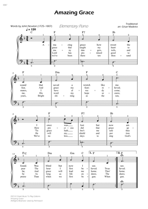 Amazing Grace - Elementary Piano - W/Chords and Lyrics (Full Score)