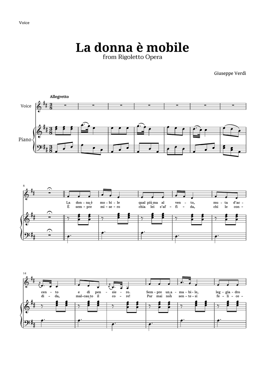 La donna è mobile in D major for Voice and Piano Piano, Vocal scores gallery preview page 1