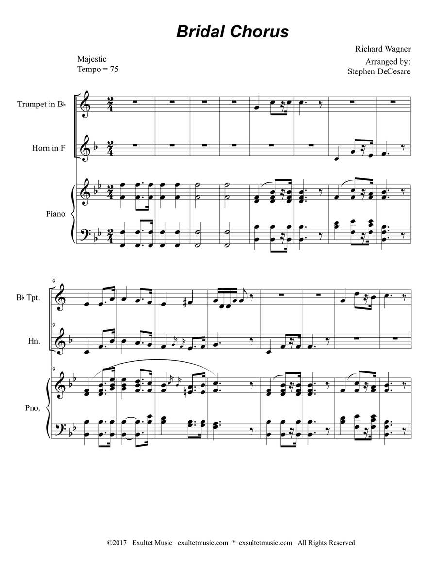 Bridal Chorus (Duet for Bb-Trumpet and French Horn - Piano Accompaniment) Brass Duet scores gallery preview page 2