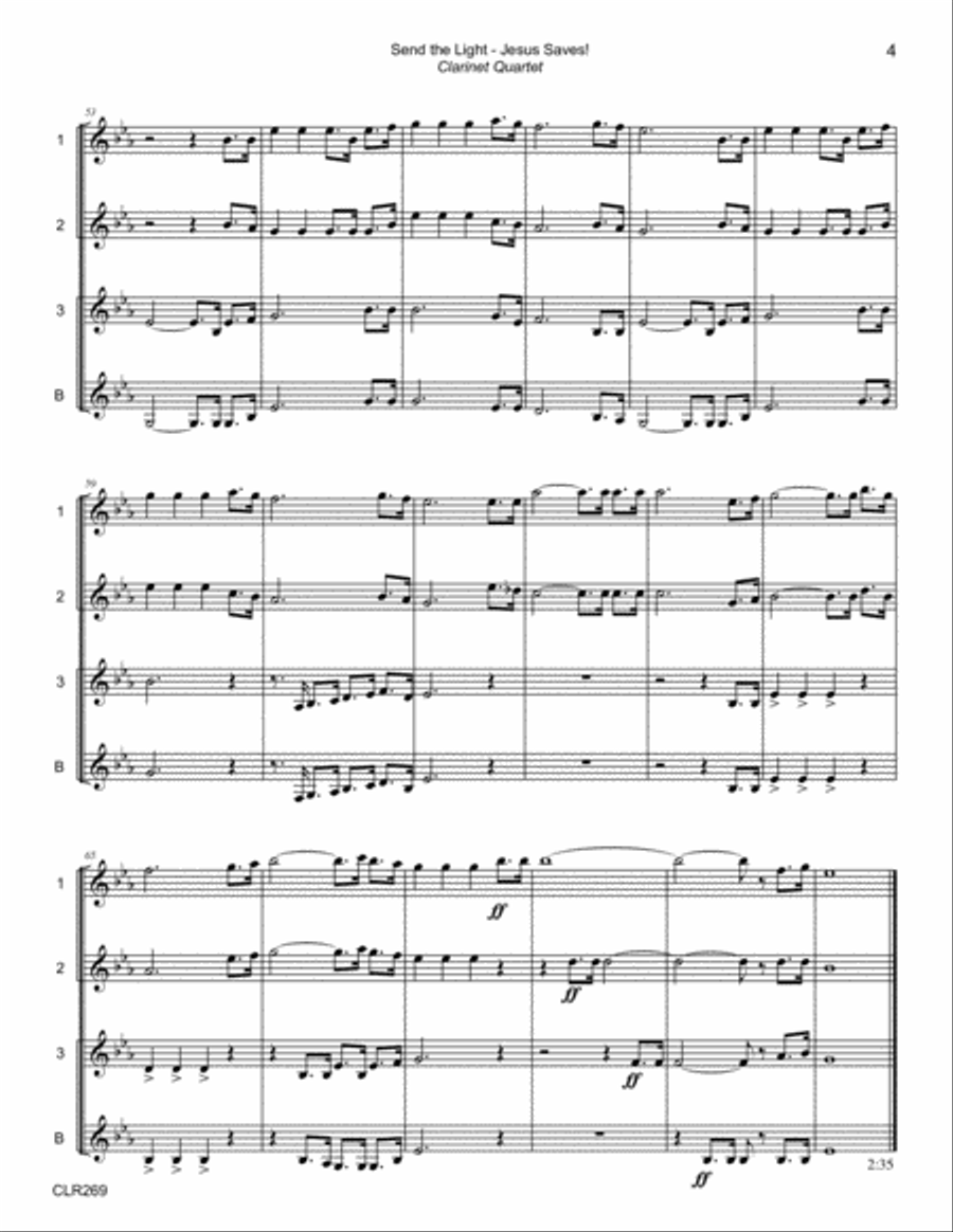 SEND THE LIGHT with JESUS SAVES - CLARINET QUARTET (unaccompanied) Clarinet Quartet scores gallery preview page 4