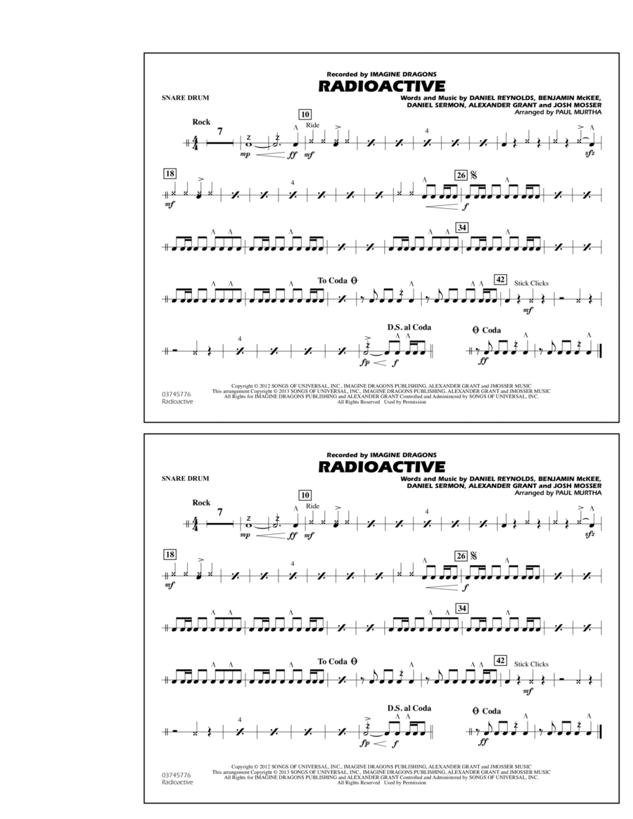 Radioactive - Snare Drum Marching Band scores gallery preview page 1