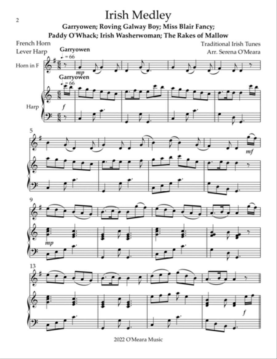 Irish Medley, Duet for French Horn & Lever Harp Horn scores gallery preview page 2