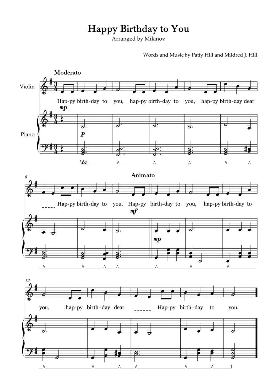 Happy Birthday to You in G Violin and Piano Lyrics Pedal Violin Solo scores gallery preview page 1