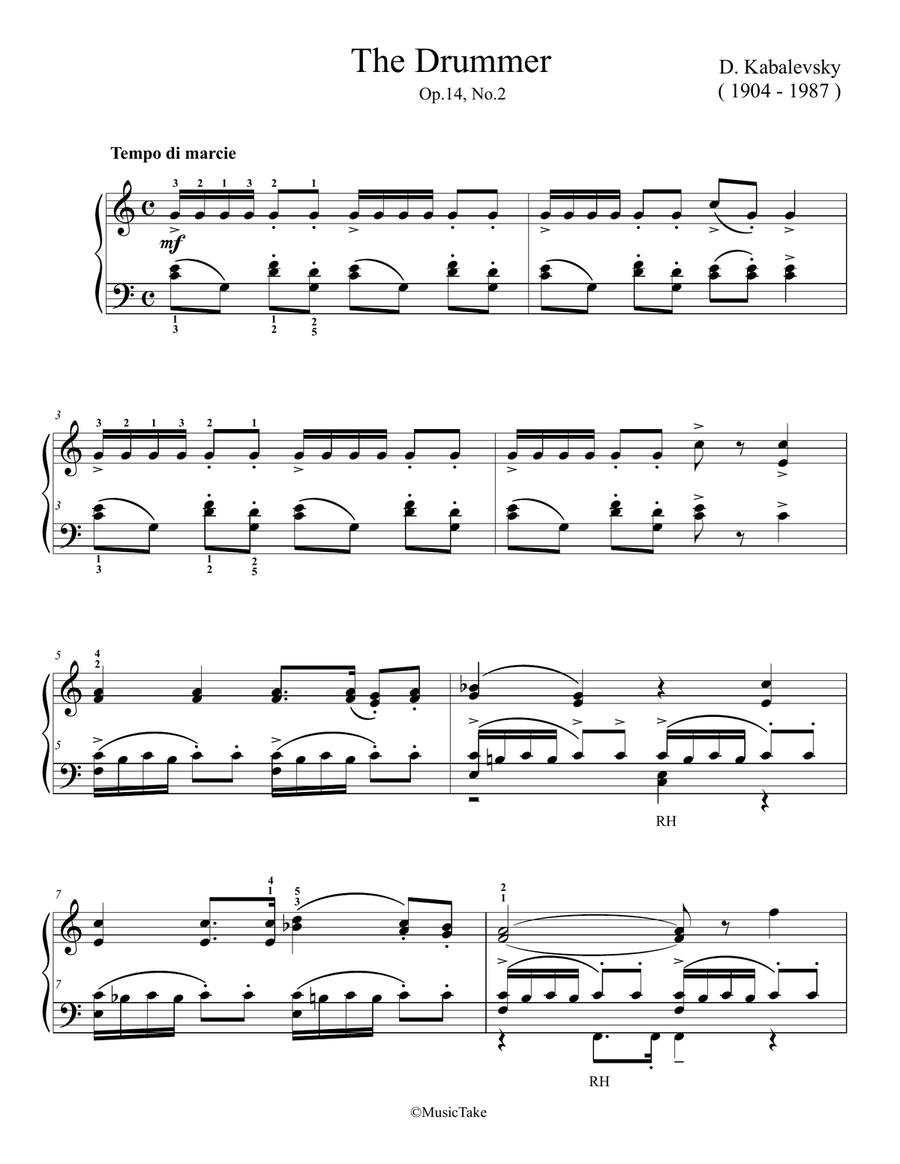 Kabalevsky The Drummer Op.14, No.2 Easy Piano scores gallery preview page 1