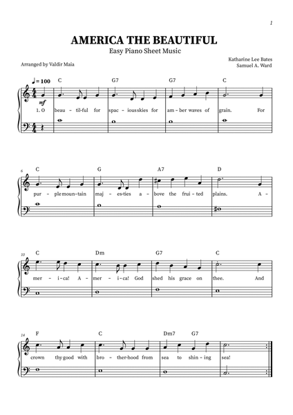 America The Beautiful - Easy Beginner Piano (with lyrics and chords) image number null