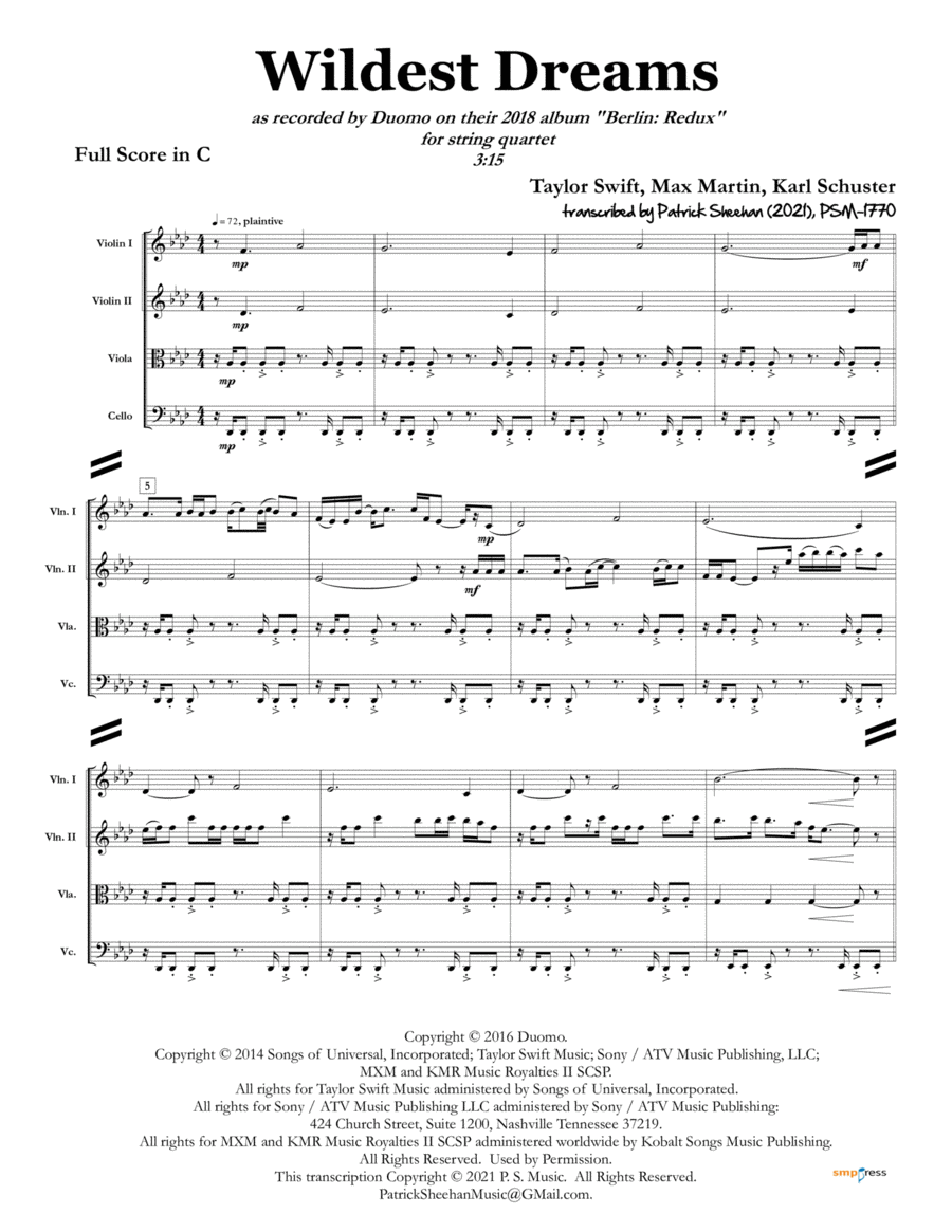 Wildest Dreams String Quartet scores gallery preview page 1