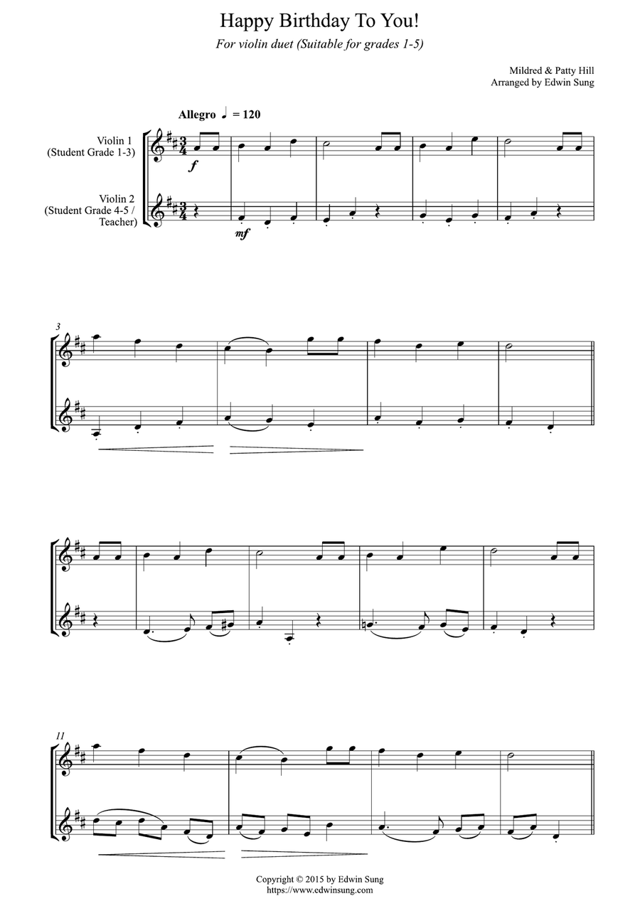 Happy Birthday To You! (for violin duet, suitable for grades 1-5) String Duet scores gallery preview page 1