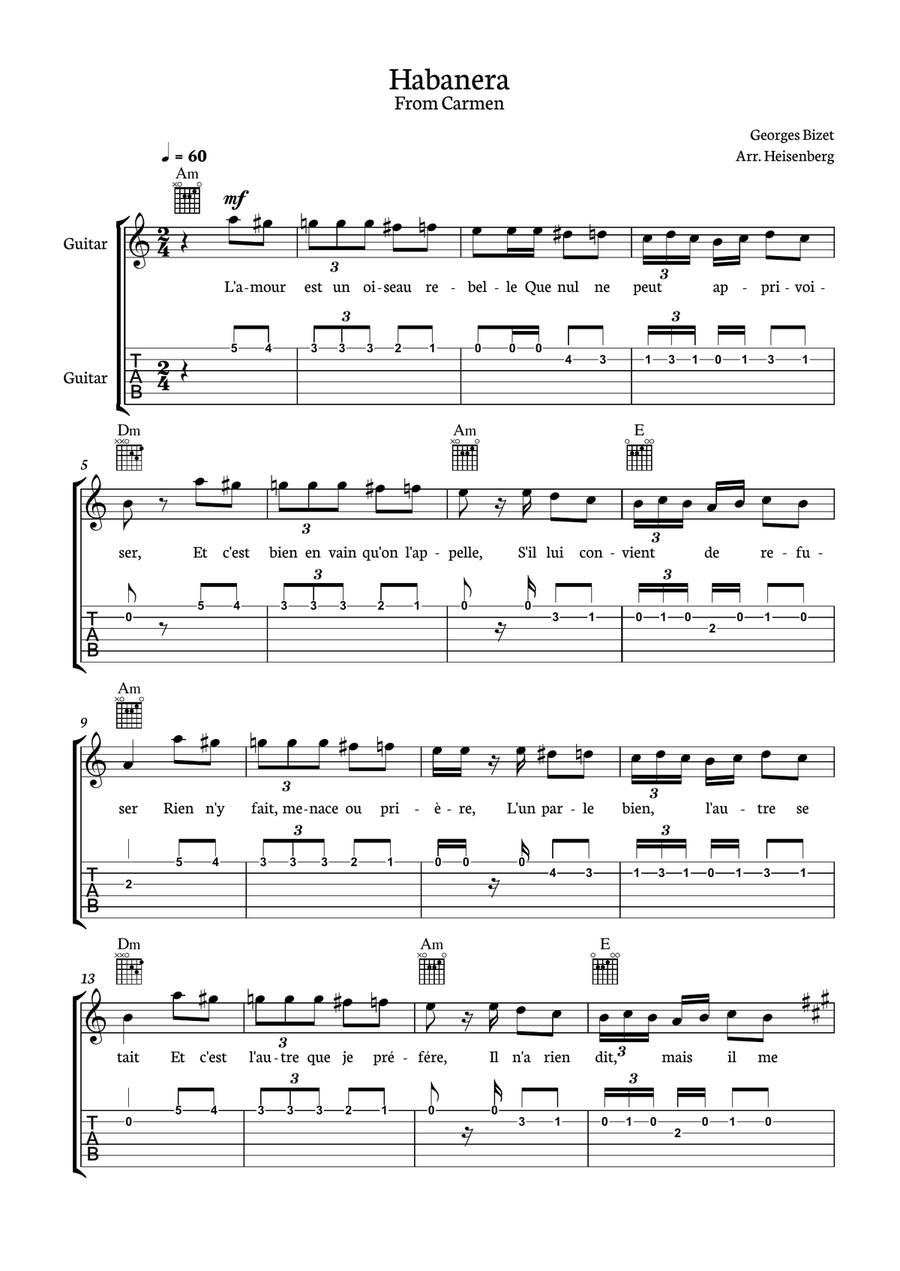 Habanera from Carmen for Classical Guitar with tab and chords Acoustic Guitar scores gallery preview page 1
