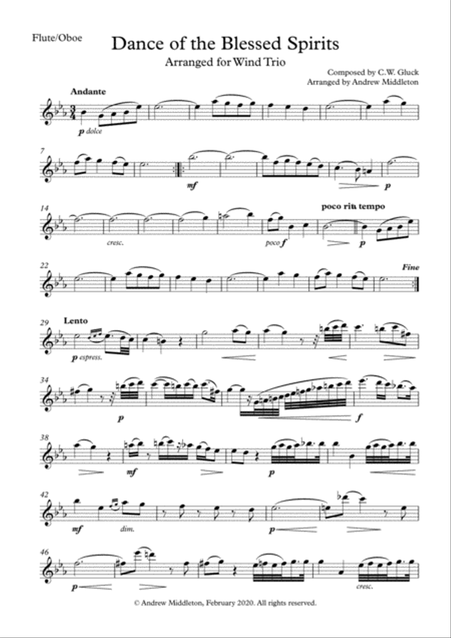 Dance of the Blessed Spirits arranged for Woodwind Trio by