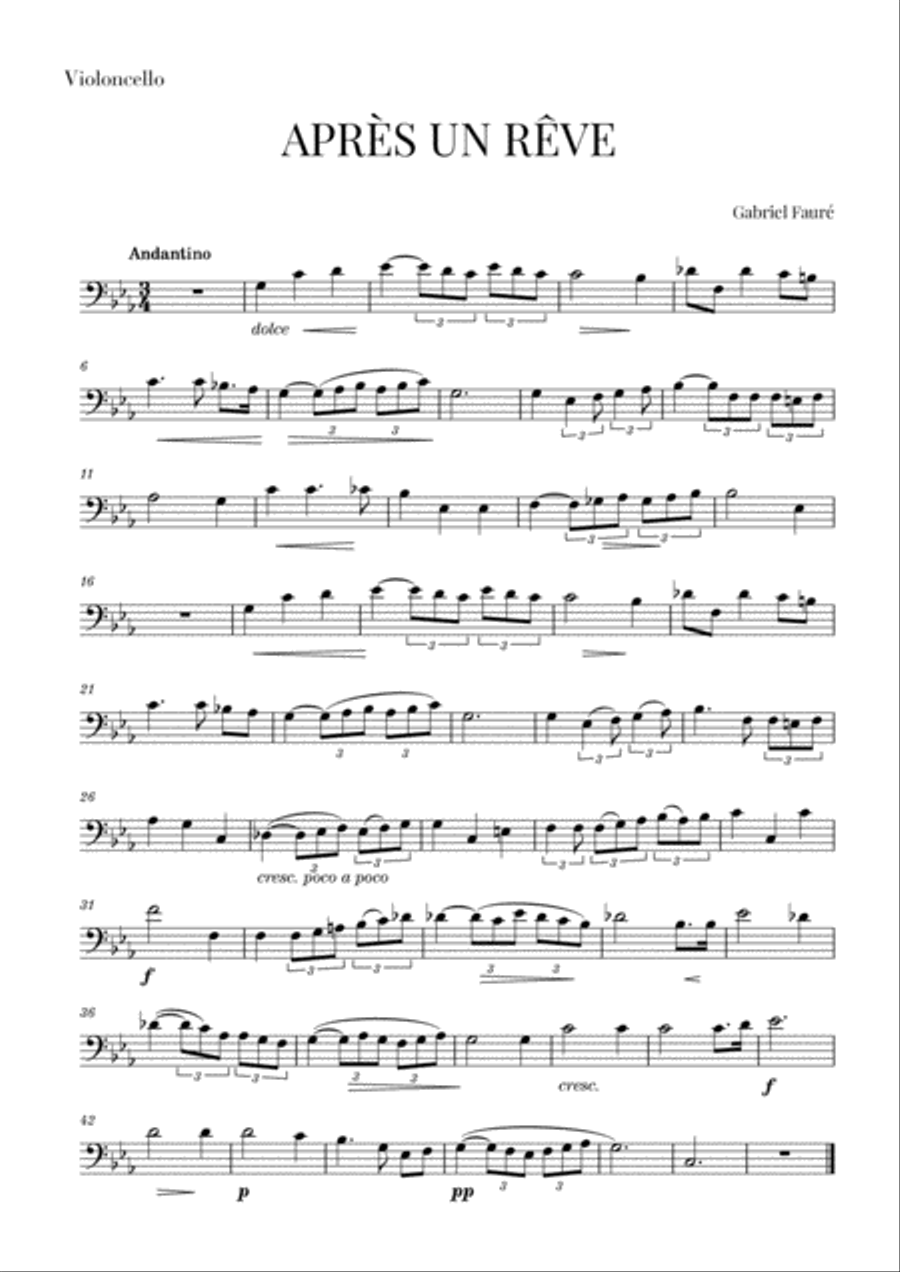 Fauré - Après un Rêve (for Cello) Cello Solo scores gallery preview page 1