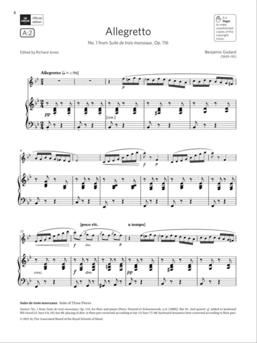 Allegretto (from Suite de trois morceaux) (Grade 6 List A2 from the ABRSM Flute syllabus from 2022) Flute Solo scores gallery preview page 3