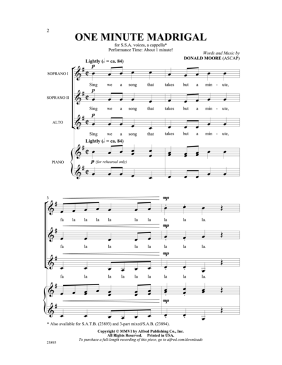 One Minute Madrigal SSA scores gallery preview page 2