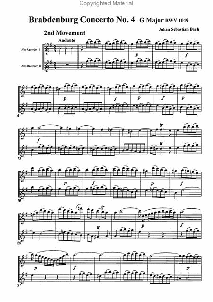Brandenburg Concerto No. 4 (2nd and 3rd Movement) Alto Recorder scores gallery preview page 2