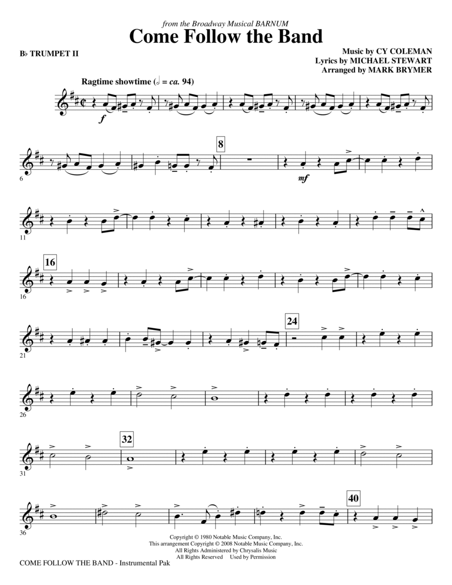 Come Follow The Band - Bb Trumpet 2 Choir scores gallery preview page 1