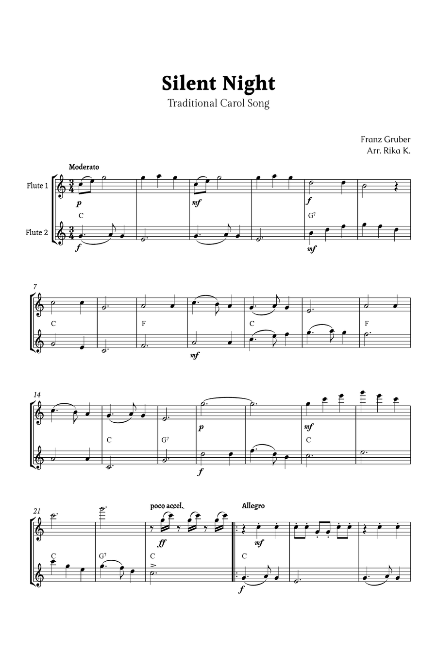 Silent Night for Flute Duet Flute Duet scores gallery preview page 1