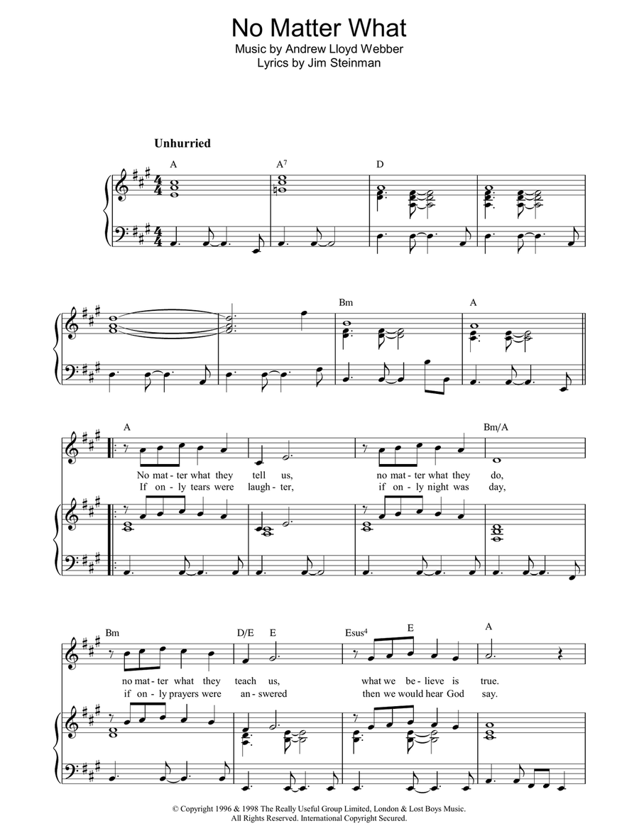 No Matter What Piano, Vocal, Guitar scores gallery preview page 1