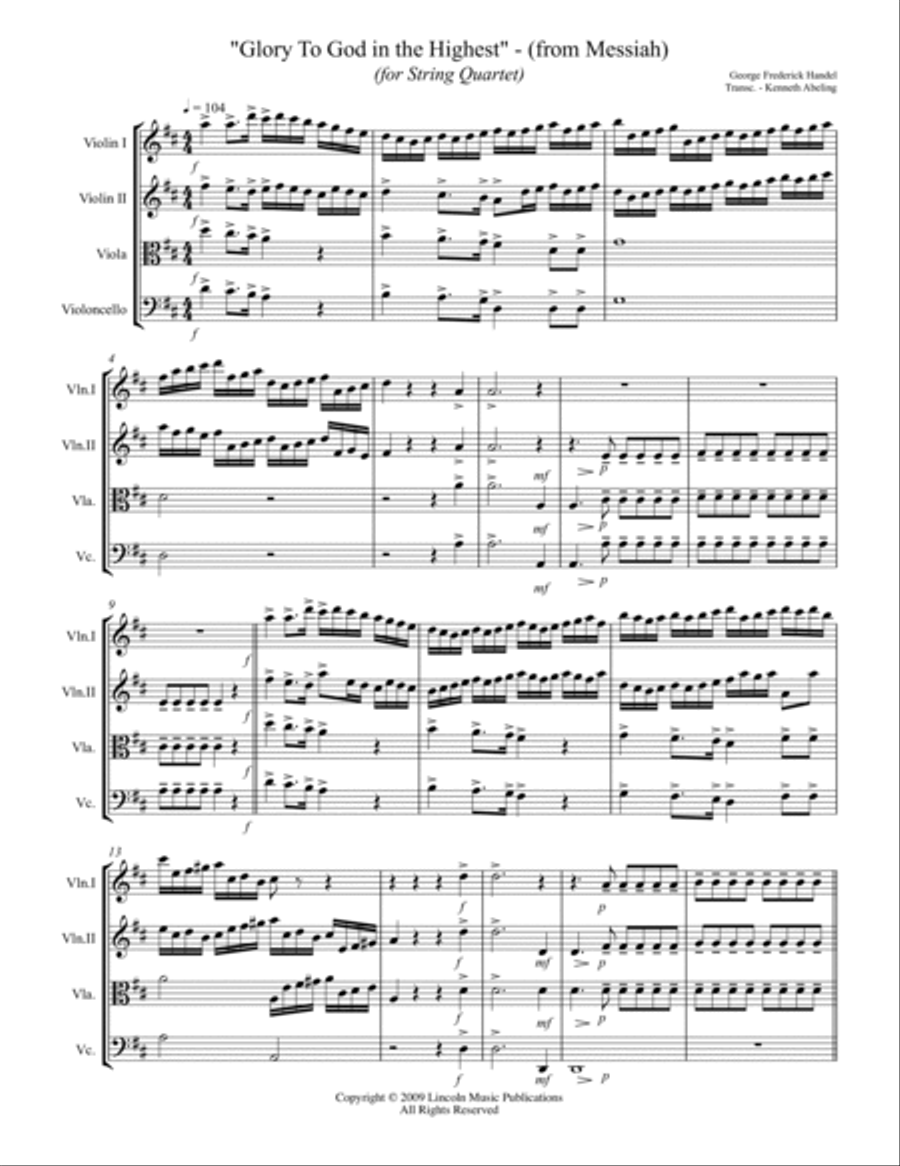 Handel – Glory to God in the Highest from Messiah (for String Quartet) String Quartet scores gallery preview page 2
