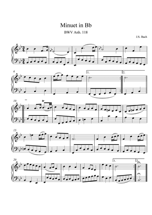 Book cover for Bach Minuet BWV Anh. 118 in Bb Major