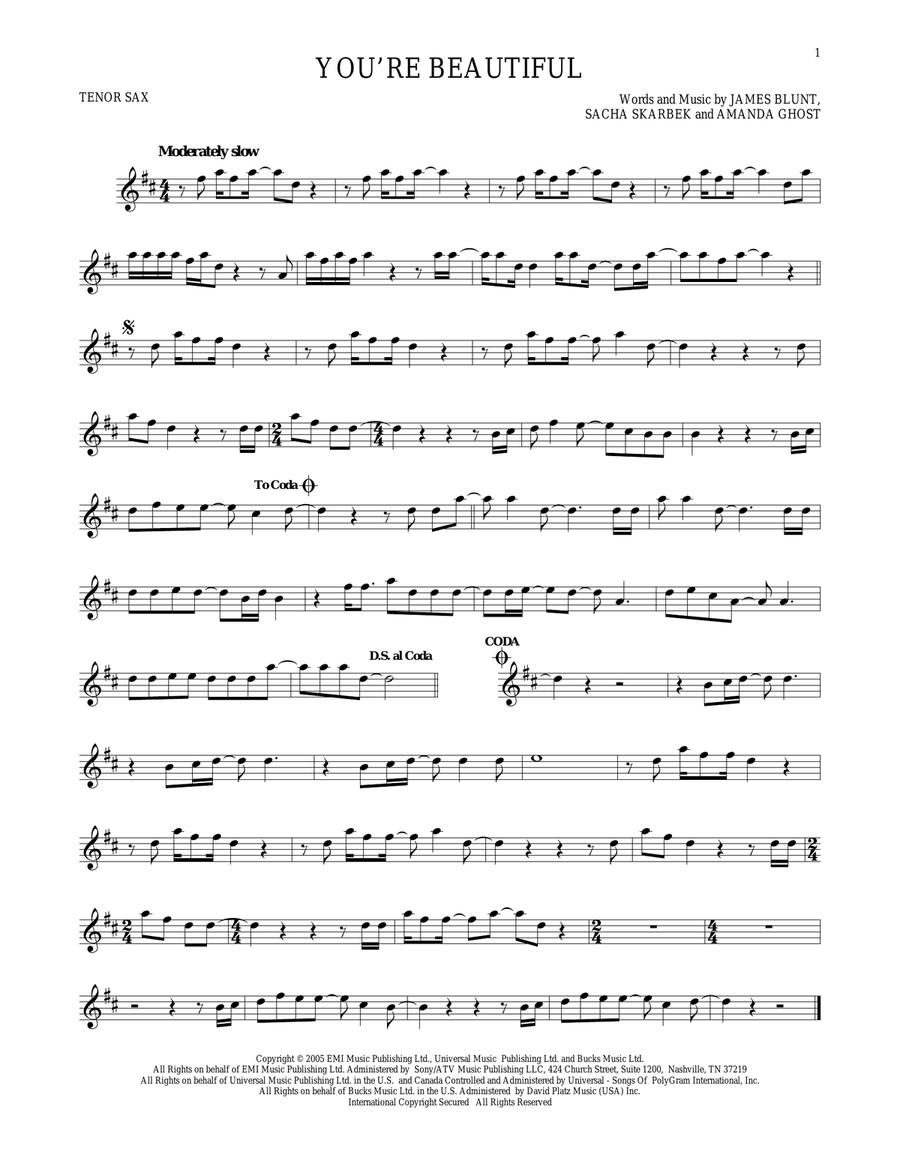 You're Beautiful Tenor Saxophone scores gallery preview page 1