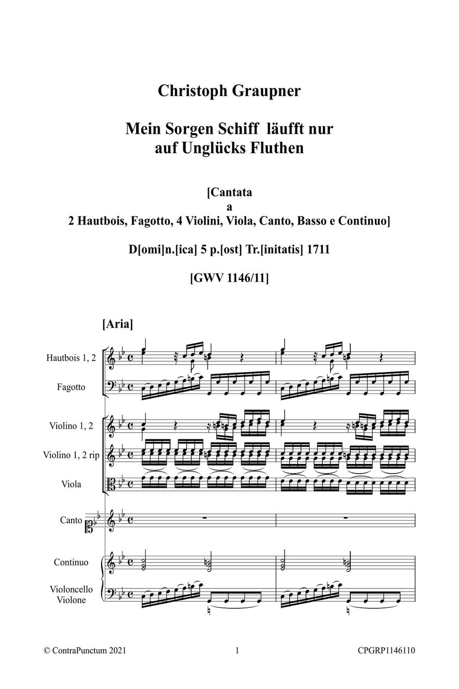 Graupner Christoph Cantata Mein Sorgen Schiff fährt nur auf Unglücks Fluthen GWV 1146/11 Small Ensemble scores gallery preview page 5