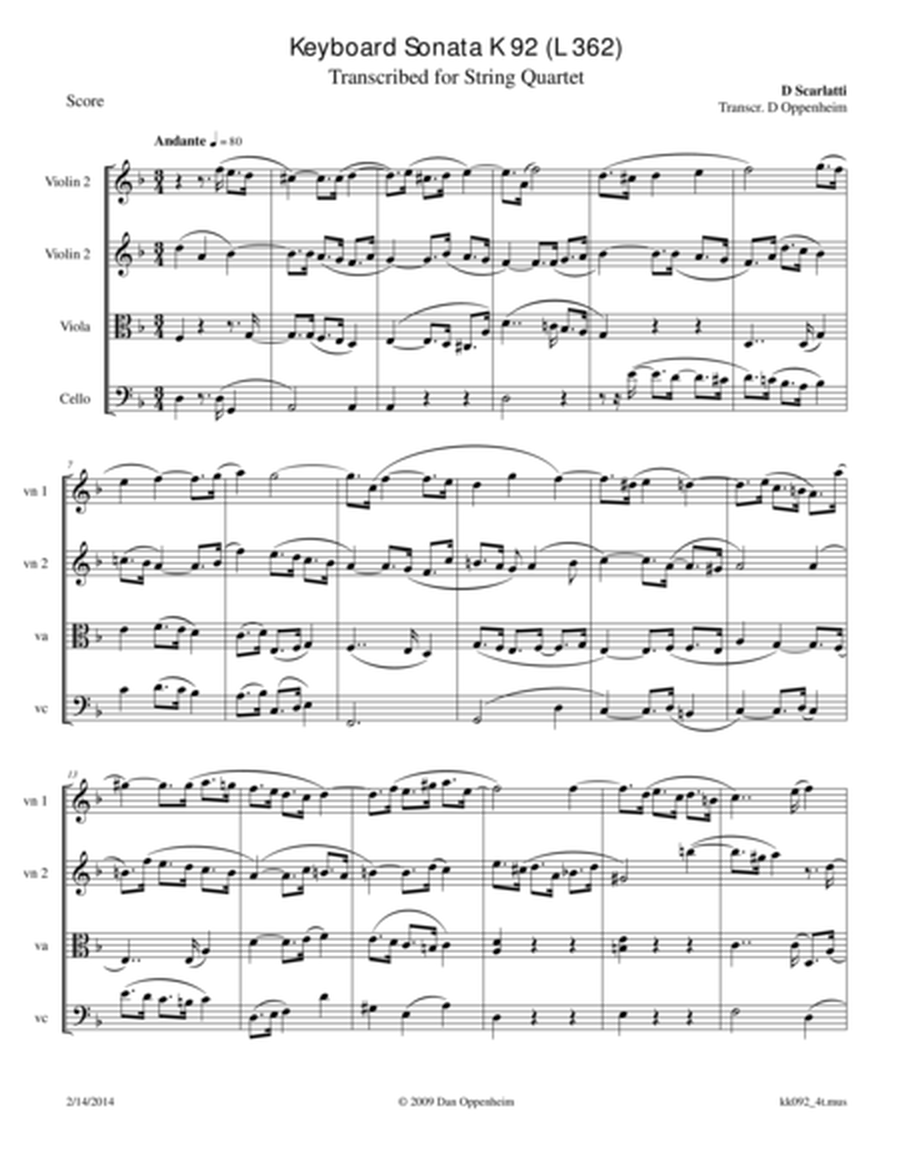 Scarlatti: sonata in D minor K 92 (L 362) arr. for String Quartet image number null