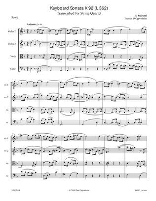 Scarlatti: sonata in D minor K 92 (L 362) arr. for String Quartet