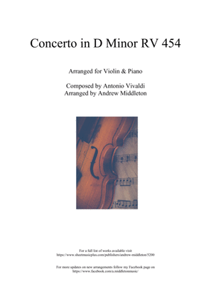 Book cover for Concerto in D Minor RV 454 arranged for Violin and Piano