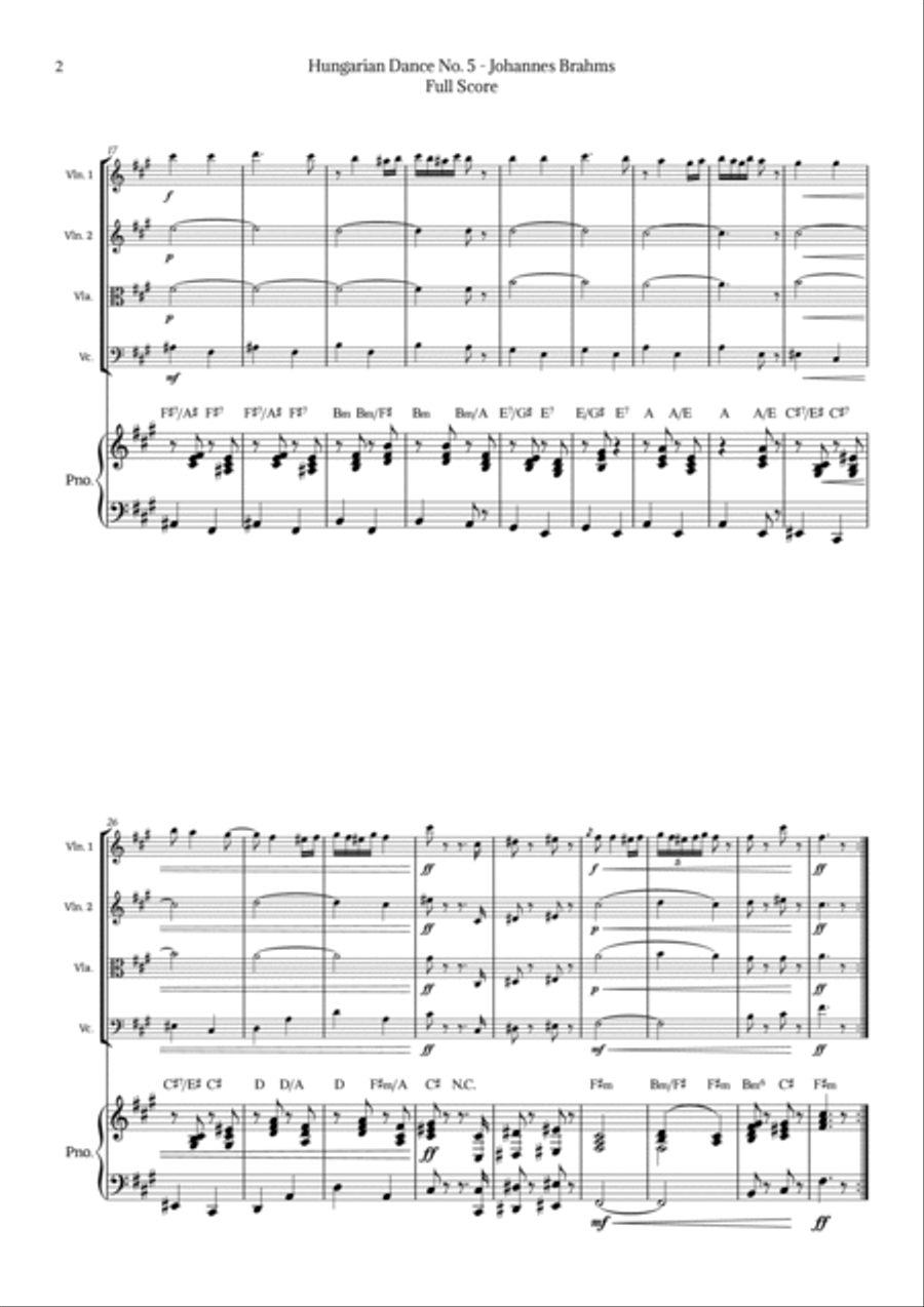 Hungarian Dance No. 5 by Brahms for String Quartet and Piano String Quartet scores gallery preview page 2