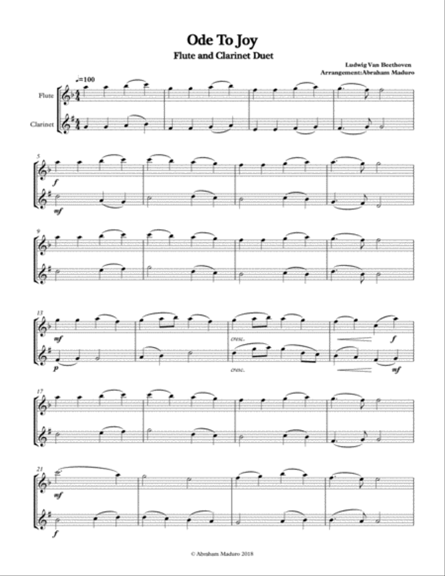 Beethoven`s Ode to Joy Flute Clarinet Duet-Three Tonalities Included Woodwind Duet scores gallery preview page 6
