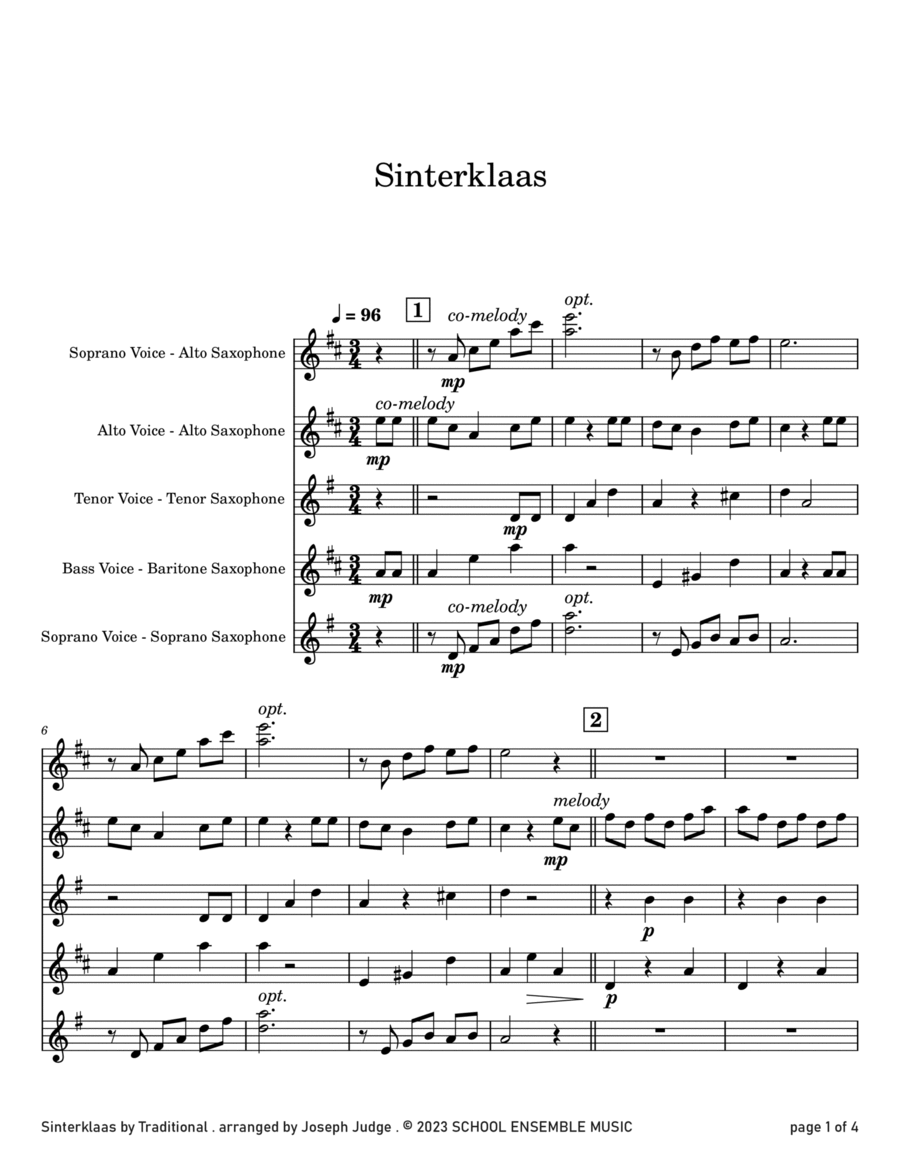 Sinterklaas for Saxophone Quartet in Schools Saxophone Quartet scores gallery preview page 1