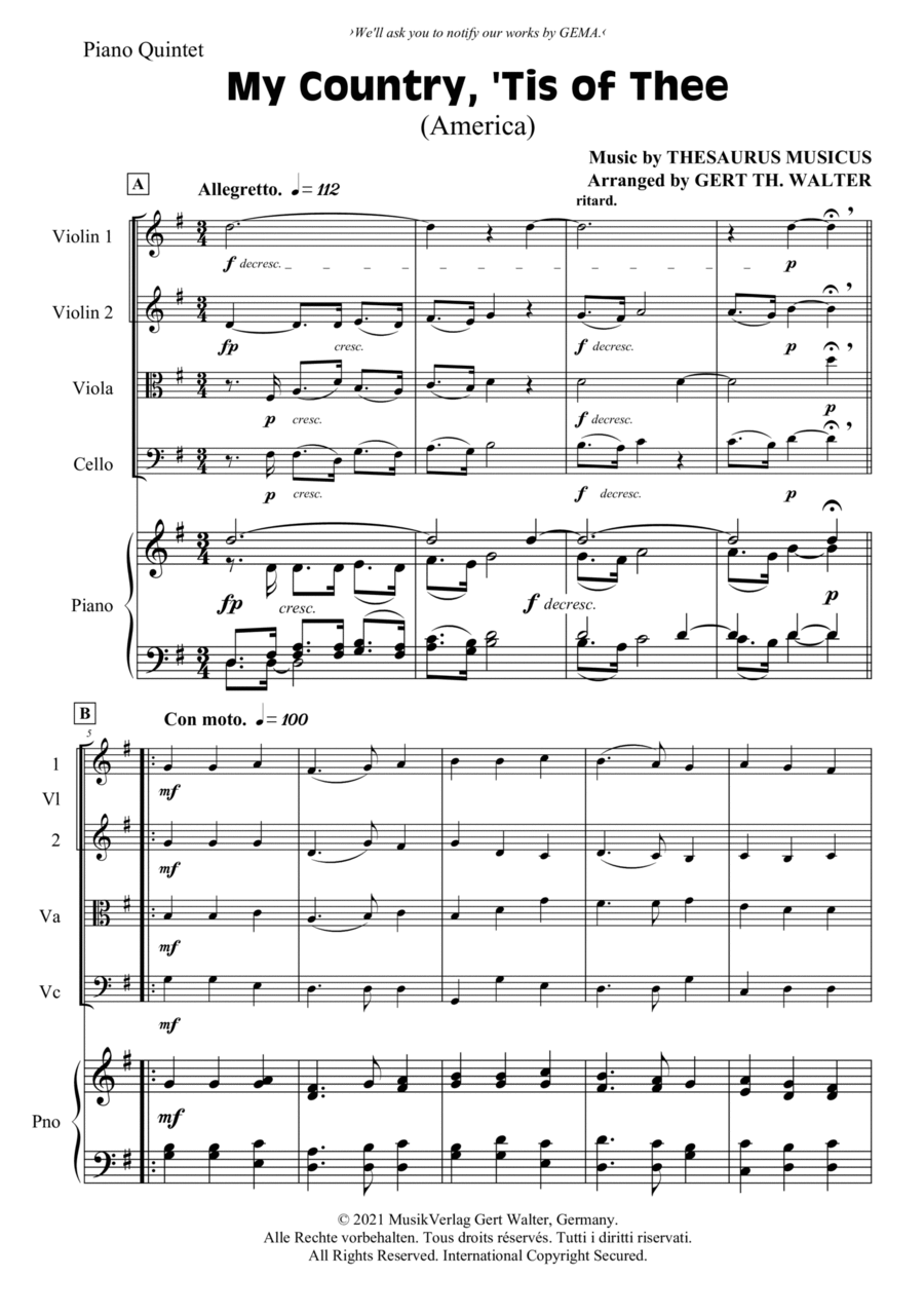 My Country, 'Tis Of Thee (America) Piano Quintet scores gallery preview page 1