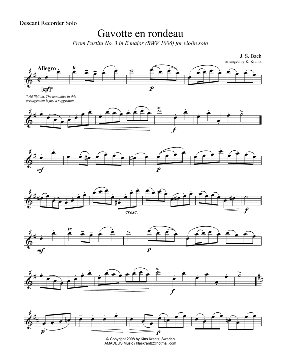 Gavotte en rondeau BWV 1006 for descant recorder solo Small Ensemble scores gallery preview page 1